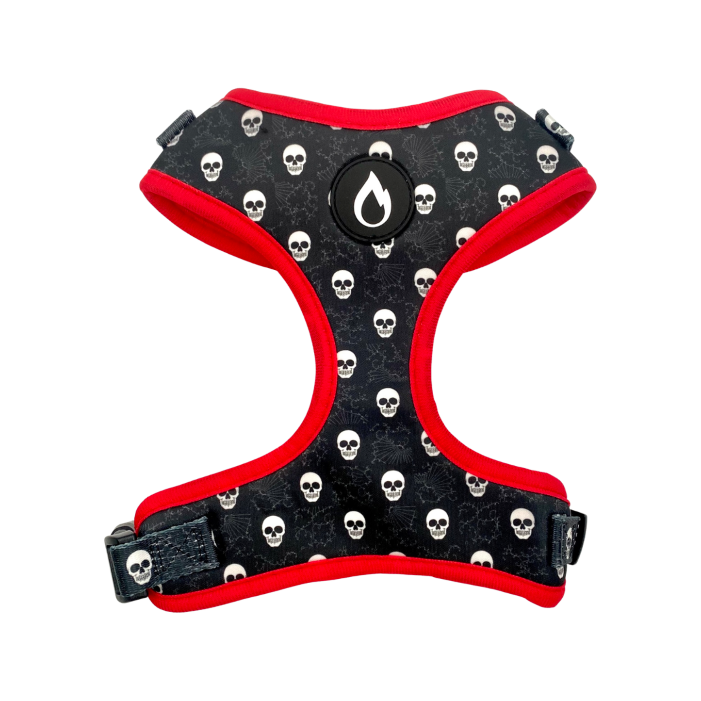 dog harness, puppy harness, notorious dog, australian, skulls, black, red, sizzzle dog accessories, adjustable, affordable, custom prints, pet supplies, designer