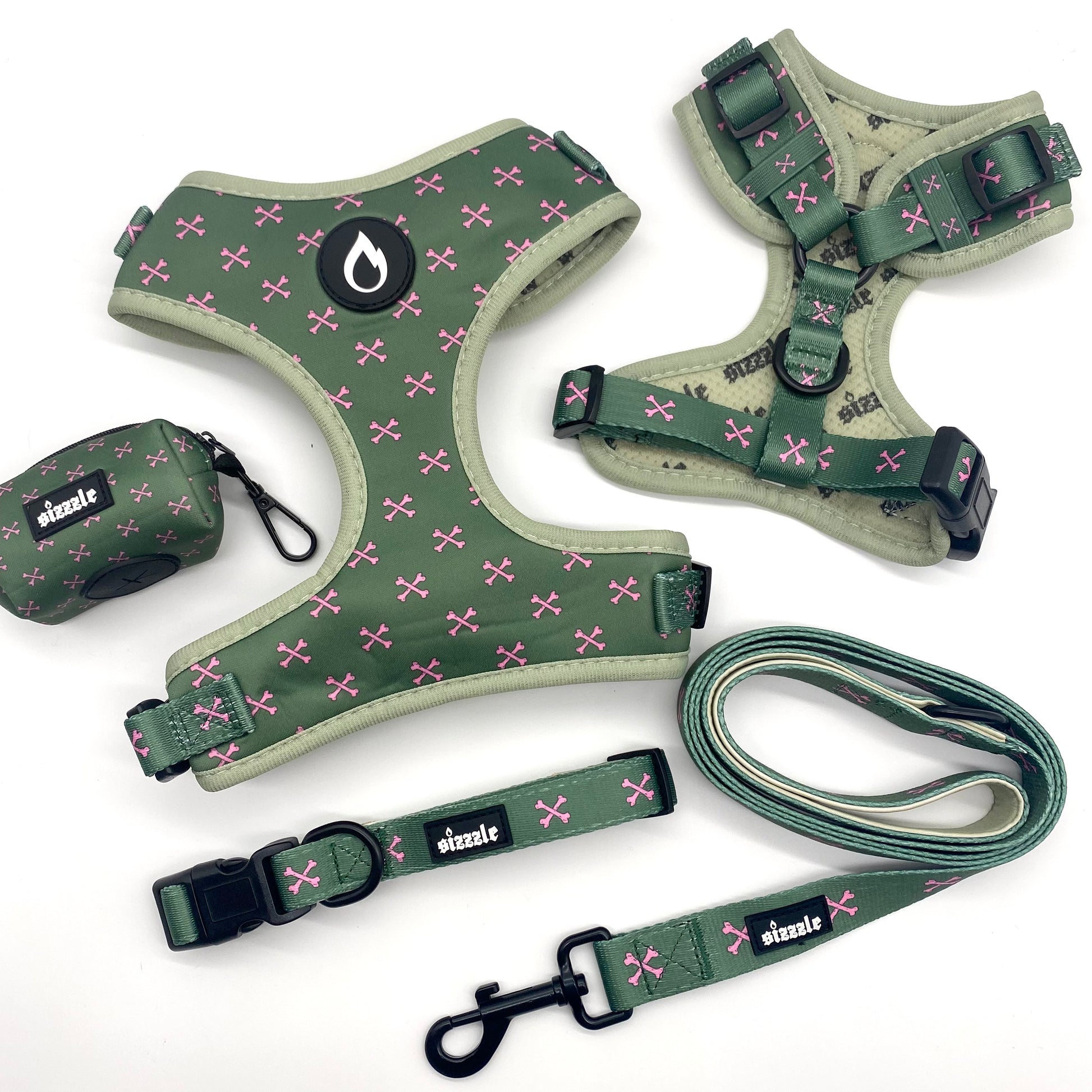 harness, collar, leash, poo bag, jon bone jovi, green, sizzzle dog accessories, adjustable, affordable, custom prints, pet supplies, designer